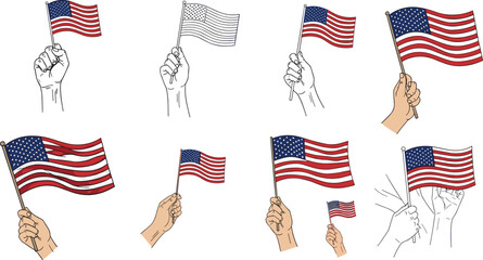 American Flag Handheld Vector Set Featuring Different Hand Gestures for National, Patriotic, and USA-Themed Designs © Rashidul