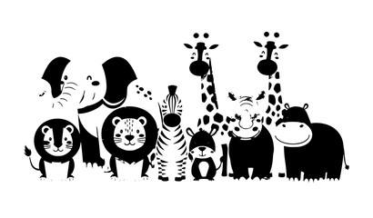 Wild Animals Group Standing Together Cartoon Style Vector Illustration Safari Animal Characters Isolated © MdShojib