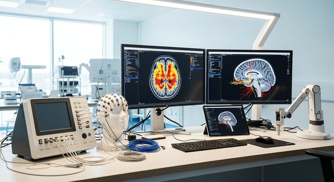 Medical workstation with brain scan images on dual monitors