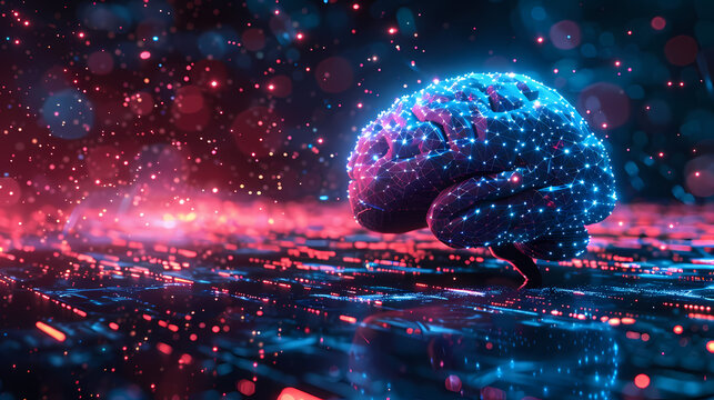 Vertical glowing digital human brain with neural network particles and bokeh light on blue background, concept for artificial intelligence, deep learning and cognitive technology.
