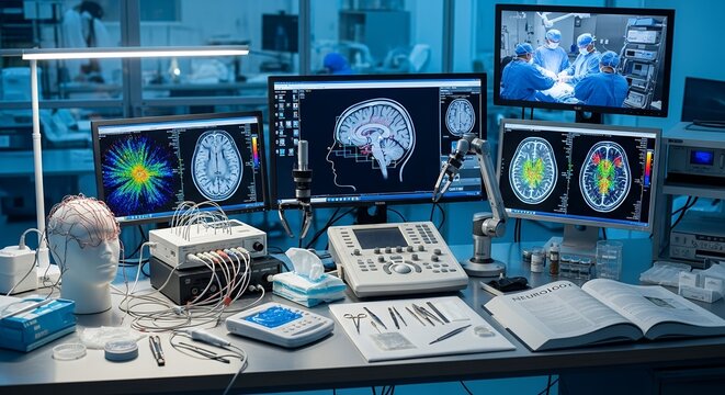 neuroscience lab with brain scans and eeg equipment