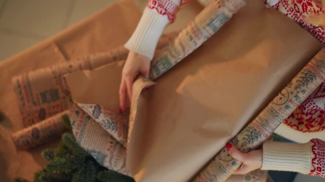 White woman wrapping christmas present with kraft paper, smoothing seams and rolling patterned sheet over package on cozy table Nordic sweater, warm lighting, scissors, tape and small greenery nearby,