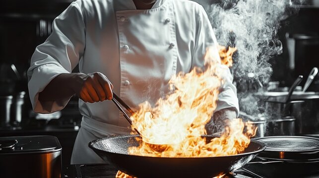 Professional chef in white jacket flamb&eacute;ing in a wok with large flames and steam in a busy kitchen, intense dramatic cooking action