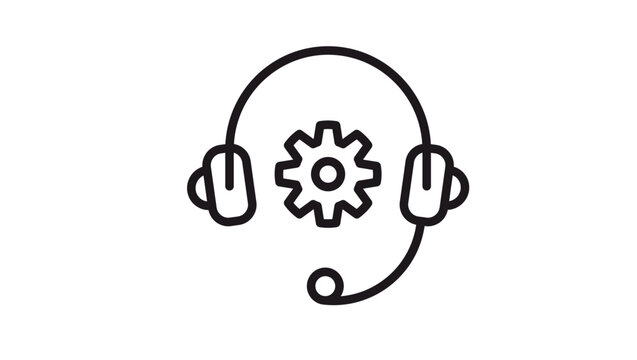 Technical Support and Customer Service Vector Icon Illustration Featuring a Headset with a Gear Cogwheel Symbol for Troubleshooting, Help Desk, and Maintenance Services on White Background.