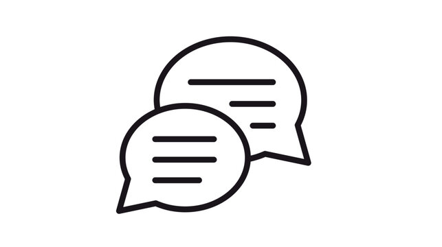 Minimalist black line vector icon illustration of two overlapping speech bubbles with text lines, symbolizing communication, conversation, chat, dialogue, messaging, and social interaction.