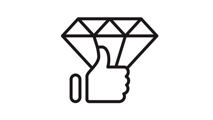 Premium quality diamond with thumbs up hand gesture vector icon illustration. Black line art symbol representing excellence, high value, luxury approval, and superior standard on white background. © MDRasel