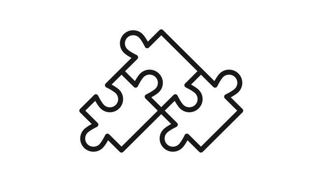 Minimalist black line vector icon of three interlocking puzzle pieces representing teamwork, strategic solution, business integration, and creative problem solving; scalable graphic illustration.