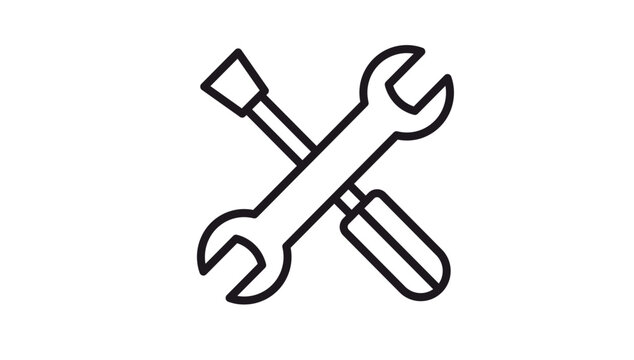 Minimalist black line art vector icon illustration of a crossed wrench and screwdriver, representing repair, maintenance, technical support, settings, and construction tools on white background.