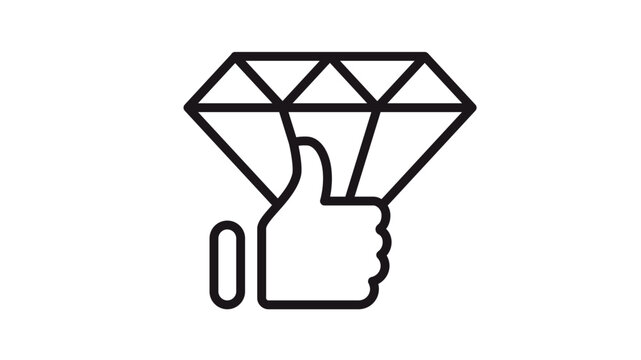 Premium quality diamond with thumbs up hand gesture vector icon illustration. Black line art symbol representing excellence, high value, luxury approval, and superior standard on white background.