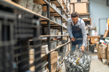 Fototapeta premium Caucasian male worker in denim apron using barcode scanner on metal bucket in small business warehouse, Retail stock management, e-commerce fulfillment, home decor logistics and supply chain concept