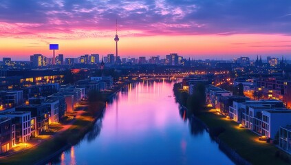 Fototapeta premium Tranquil urban river at dusk with glowing waterfront apartments, illuminated city skyline and a tall communications tower reflected in a pink and purple sunset sky