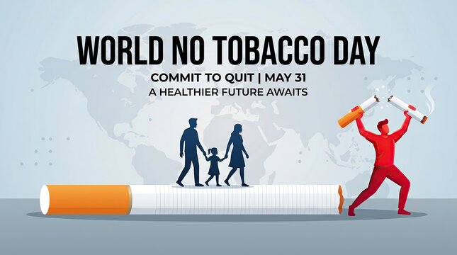 World No Tobacco Day awareness banner, anti-smoking concept with family and broken cigarette, commit to quit campaign for a healthier future