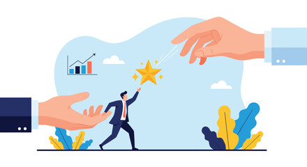 Obraz premium Successful businessman reaching for a bright gold star while receiving assistance from giant corporate helping hands.