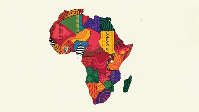 Vibrant illustration of Africa continent with colorful patterns and textures on a beige background.