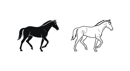 Fototapeta premium Horse icons, black and white horse silhouettes, equine vector graphics, animal illustrations