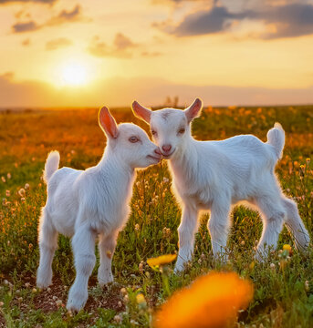 Zwei kleine Zicklein bei aufgehender Sonne