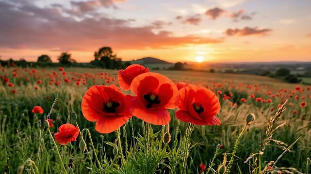 Vibrant red poppies bloom in a sunlit field at sunset, creating a serene landscape scene