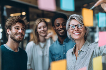 Fototapeta premium photo of a team in an office putting post-it notes on a wall
