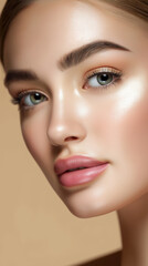 Fototapeta premium Beauty portrait of woman with flawless skin and natural makeup highlighting skincare and cosmetic aesthetics.