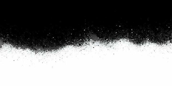 A grunge black ink splat textured background with transparent water drops and a flowing liquid wave splash in a clean macro design