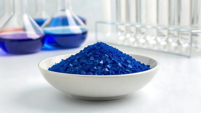 Macro view of blue copper sulfate crystals in a white bowl with laboratory glassware in the background, science