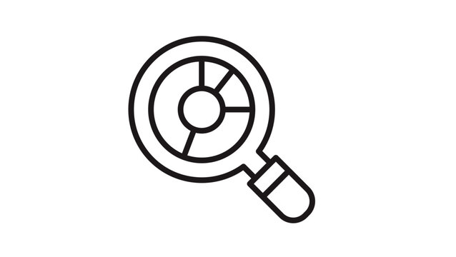 Minimalist black line art vector icon of a magnifying glass with a pie chart inside, symbolizing data analysis, market research, business statistics, search optimization, and analytics illustration.