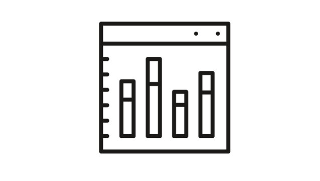 Minimalist black line vector icon illustration of a web browser window displaying a bar chart with vertical columns and axis markings, representing data analysis, analytics, and statistics.