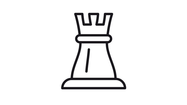 Black line art vector icon of a chess rook piece, minimalist outline illustration of a castle tower for strategy games, competition, and logical thinking concepts, scalable graphic symbol.