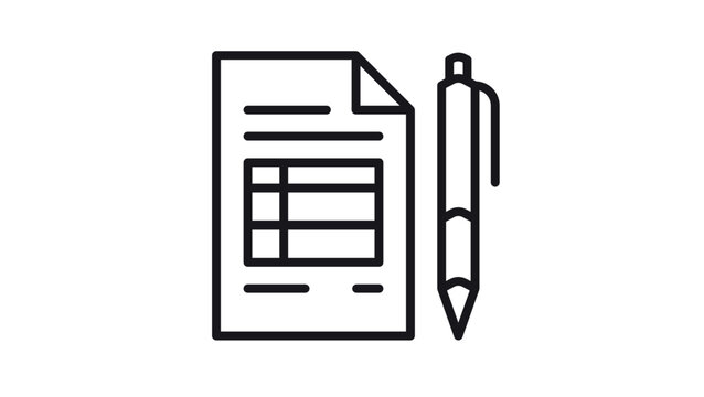 Document and pen vector icon illustration, black line art symbol of a form with a table and a ballpoint pen, minimalist graphic for business, contract, survey, application, or office paperwork.