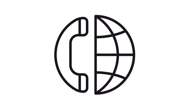 Global communication vector icon featuring a telephone handset and a globe symbol, representing international calls, worldwide connectivity, and telecommunications services in a minimalist style.