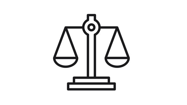 Black outline vector icon illustration of a scale of justice symbol, representing law, legal system, judicial balance, and equality. Minimalist graphic design for legal and business concepts.