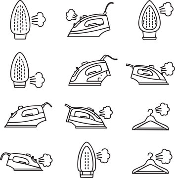 Illustrations of ironing tools and their steam functions in various positions