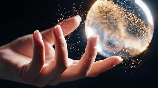 A hand cradles a glowing, transparent orb with a world inside