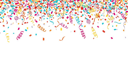 Fototapeta premium Colorful confetti and ribbons fall against a white background
