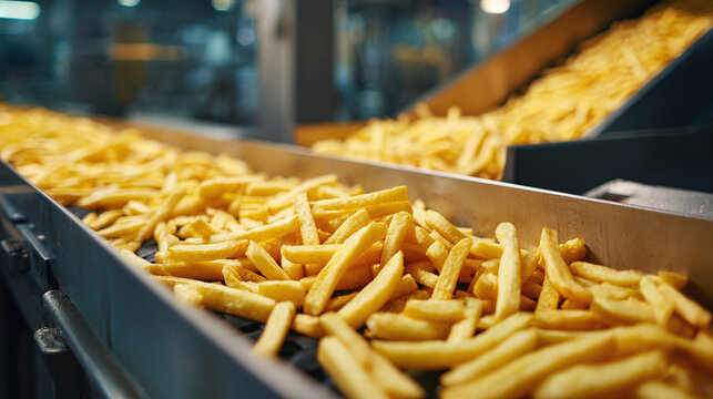 French fries moving on conveyor belt in food factory. Industrial production line for processing and cooking potatoes in modern fast food manufacturing facility