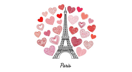 The Eiffel Tower stands tall in Paris surrounded by floating hearts. © womaura