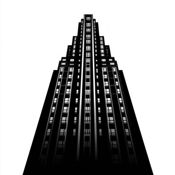 Towering black-and-white skyscraper silhouette with repeating windows and stepped geometric tiers, viewed from below; dramatic, imposing, minimalist perspective