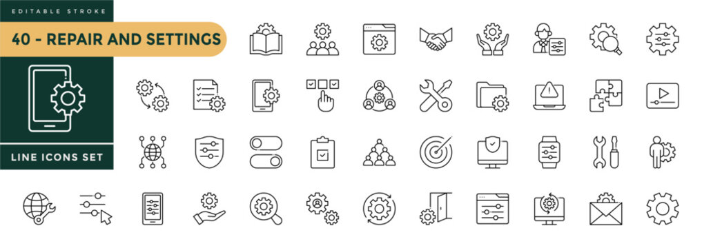 A collection of Repair And Settings icons set with editable stroke. Thin linear vector illustration.
