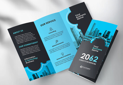 Modern Corporate Business Tri-fold Brochure Template with Geometric Blue and Black Design