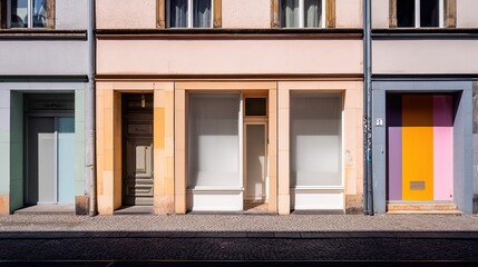 Fototapeta premium storefronts. Colorful pastel storefronts under gentle daylight, showcasing minimalist charm in a quiet street. real-estate listings.