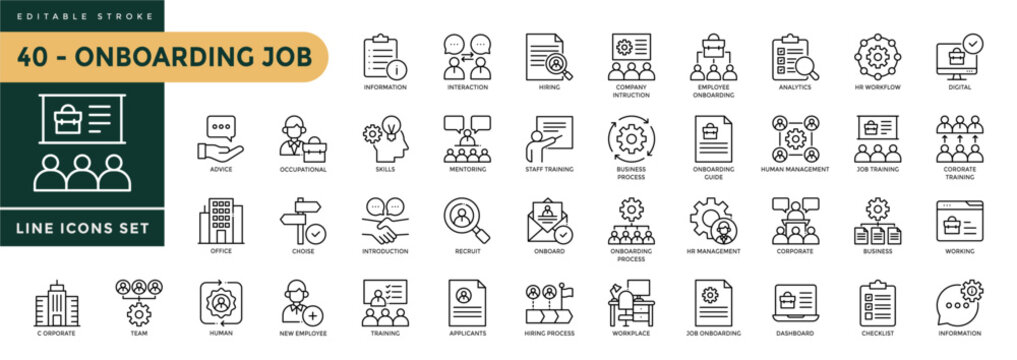 
A collection of Onboarding Job icons set with editable stroke, including employee orientation, hiring process, hr workflow, recruitment, training, and corporate. Thin linear vector illustration.