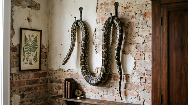 Two snakes hang on a rustic brick wall beside a wooden door and a framed leaf picture.