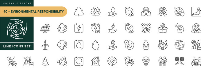 A collection of Environmental Responsibility icons set with editable stroke, including recycling, renewable resources, Sustainability, eco-friendly, green energy. Thin linear vector illustration. © Trisula Icons