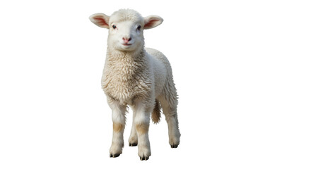 Fototapeta premium Fluffy white lamb standing and looking forward, cute young sheep with soft wool, farm animal portrait for livestock and agriculture concepts isolated on Transparent Background
