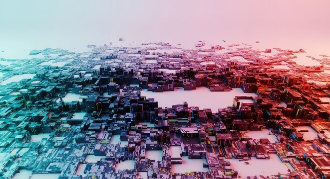 Abstract geometric surface melting and fracturing into vibrant, chaotic digital static. A non-Euclidean landscape of warped color and shape, distortion, energetic, synthetic