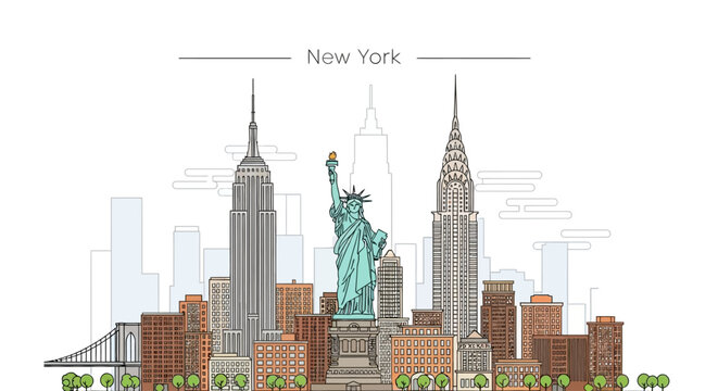 The Statue of Liberty stands tall amidst the New York City skyline at dusk with iconic buildings