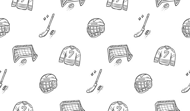 Ice hockey doodle background. Hockey equipment pattern background. Winter sport seamless pattern for kids. Hand drawn seamless pattern of skates, helmet, goal post, jersey, puck, stick.
