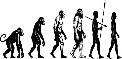 Human Evolution Silhouette Illustration Showing Progression from Ape to Modern Man with Prehistoric Ancestors, Hunter Figures, and Development Stages in Minimal Vector Style. © MstSuborna