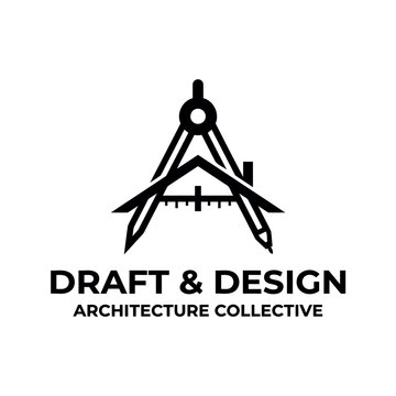 A black and white logo for Draft & Design Architecture Collective, featuring a drafting compass integrated with a house and ruler.