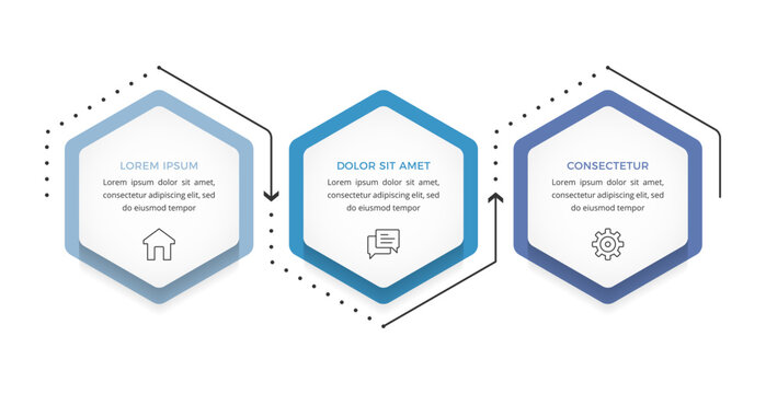 Modern infographic template with three hexagon shaped elements, icons and arrows for workflow, process and business presentation